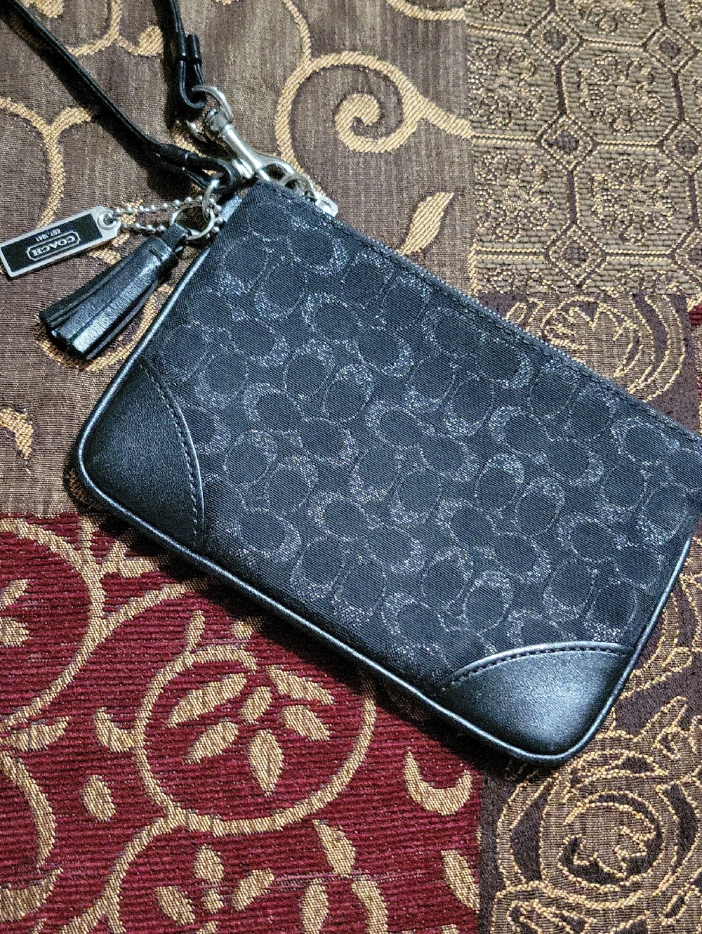 Coach Black Metallic Signature Logo Wristlet with Tassel